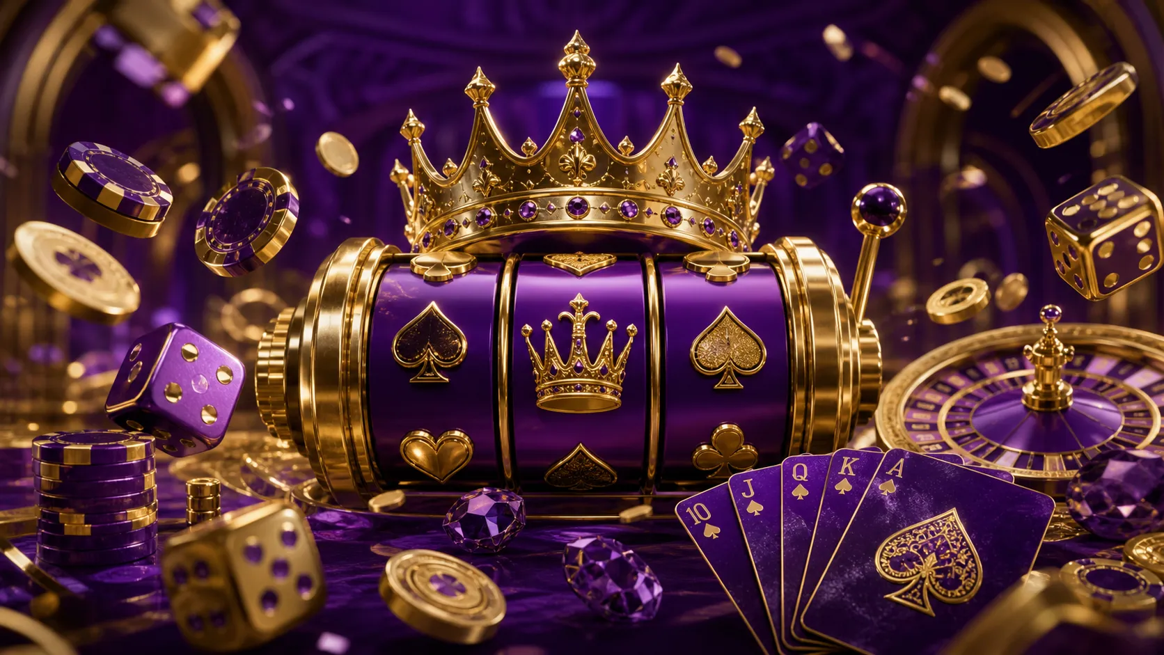 Luxurious casino-themed 3D render with poker chips, glowing lights, and a regal atmosphere representing Slotroyals.
