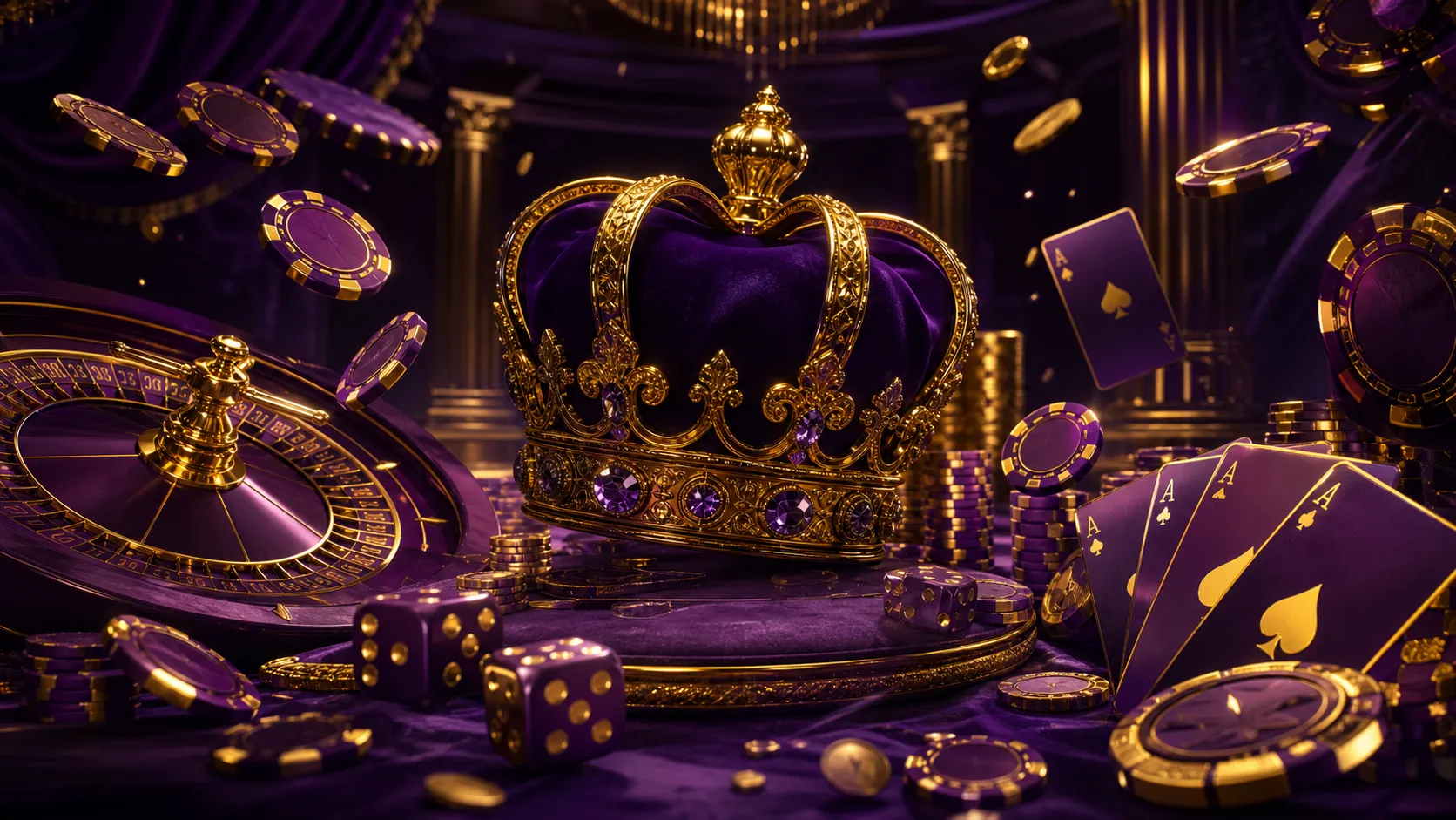 High-end casino-themed hero banner with luxury elements such as poker chips, gold bars, and diamonds, designed for Slotroyals